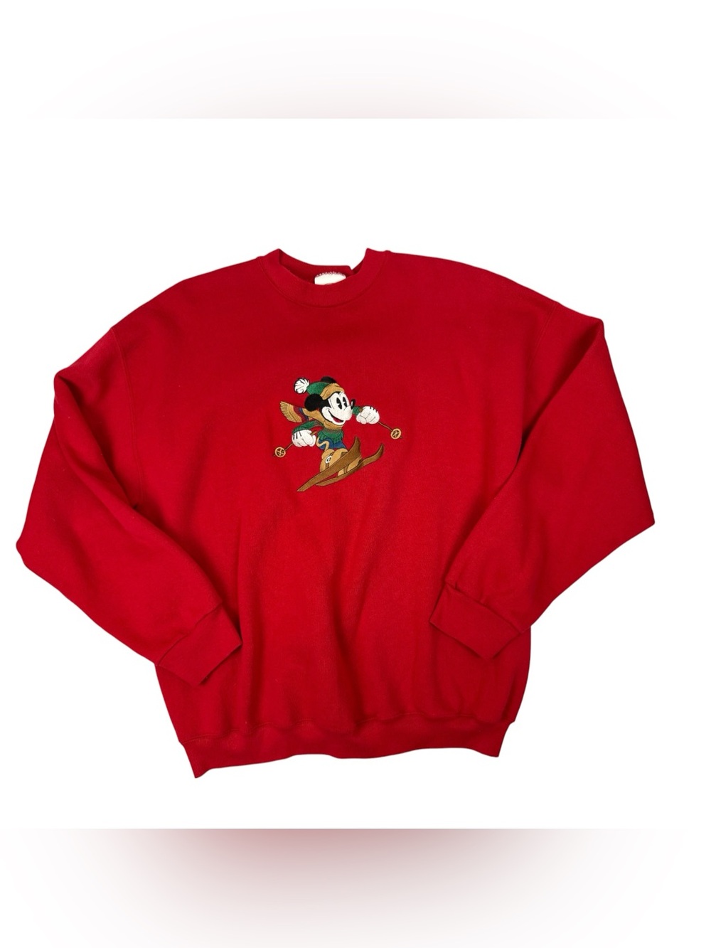 VTG 90’s Disney Mickey Mouse Skiing Embroidered Crewneck Sweatshirt Red XL